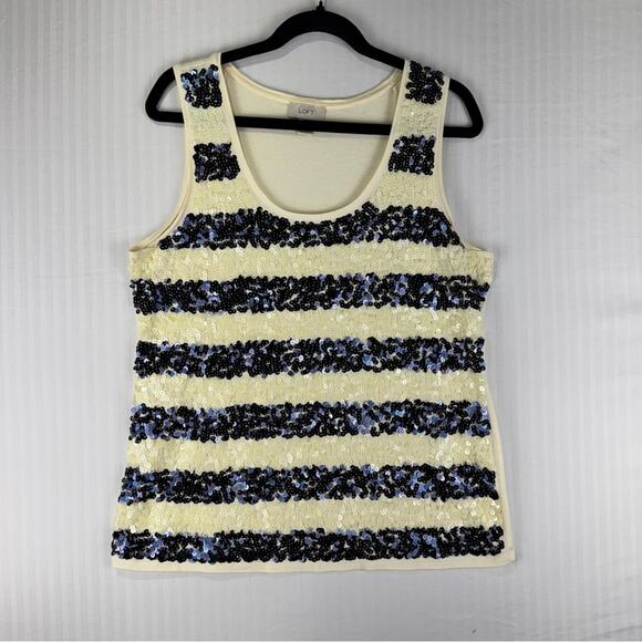 LOFT White & Blue Sequins Striped White Tank Top Scoop Neck Women’s Size Large - Picture 1 of 4